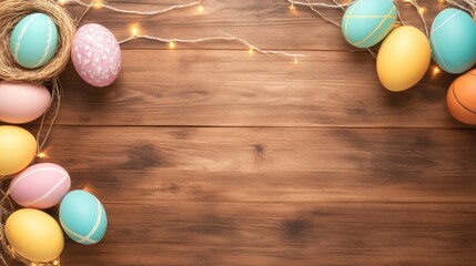 Obraz premium Decorated Easter Eggs on Rustic Wood with Twinkling Fairy Lights for Holiday Celebration.