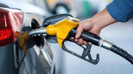 Person Refueling Car at Gas Station with Yellow Fuel Pump Nozzle in Close Up View During Daytime