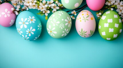 Decorated Easter Eggs with Blossoms on a Light Blue Surface Spring Holiday Theme.