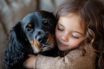 Little girl joyfully embraces a Cocker Spaniel in a cozy indoor setting during a sunny afternoon