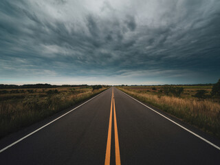 Naklejka premium Realistic image of an empty straight road with vivid yellow centerline, framed by lush grass and wild vegetation, under dramatic storm clouds casting soft shadows