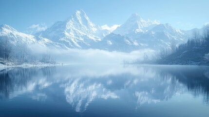 Serene winter lake reflecting snowy mountains, mist