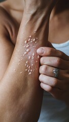 Close-up view of a person's arm with a skin rash, showing numerous small, raised bumps. The individual is gently touching the affected area.