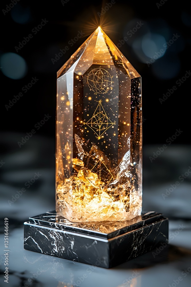Poster glowing crystal obelisk with geometric patterns on marble base, illuminated from within by warm gold