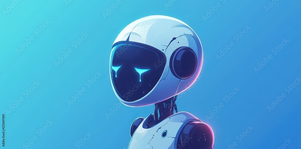 Poster crying futuristic robot with teardrops on a soft blue background