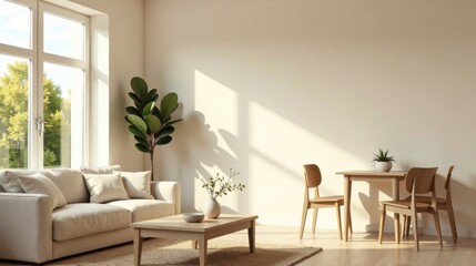 Sunlight streams through a large window illuminating a minimalist living room with a beige sofa, wooden coffee table, dining set, and potted plants.