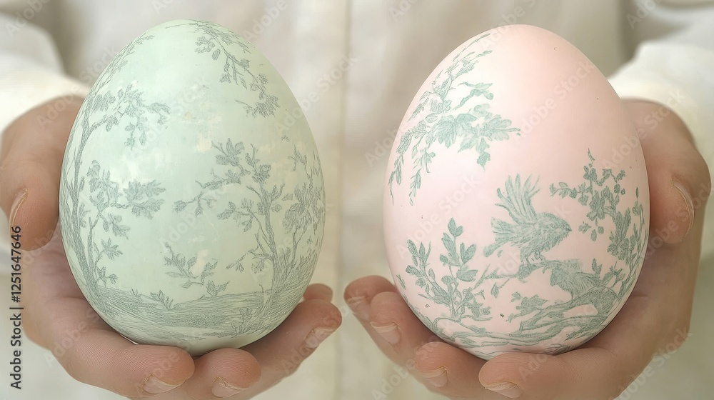 Poster decorated eggs held in hands featuring tree and bird patterns with soft colors and gentle light.
