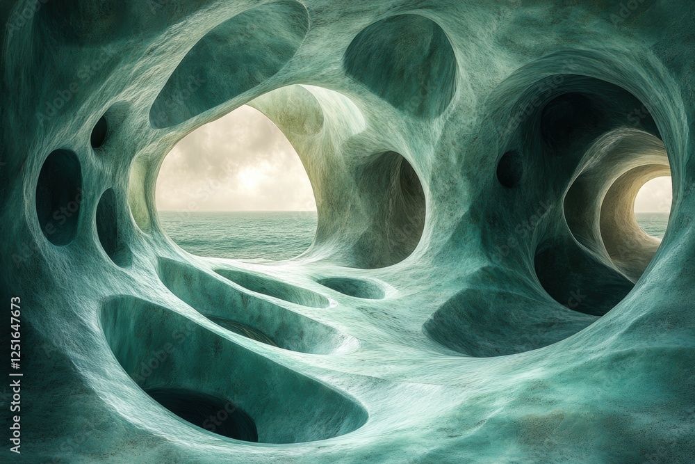 Poster abstract cave-like structure with openings revealing a serene ocean view.
