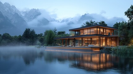 Fototapeta premium Modern lake house, mountain view, twilight, serene