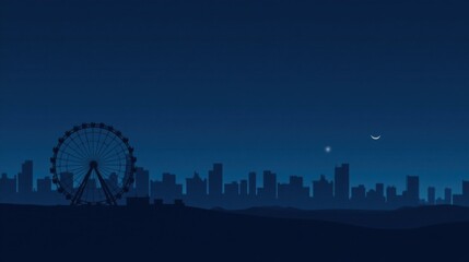 Obraz premium Serene Night Scene Ferris Wheel Silhouette Against a Dark City Skyline Under a Crescent Moon