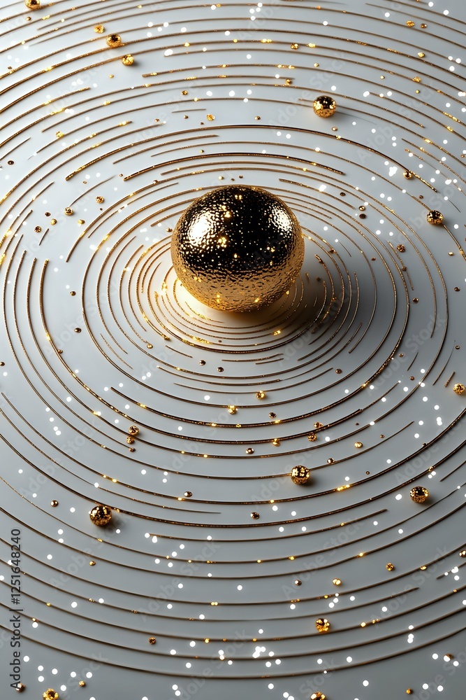Poster golden sphere on white surface with circular ripple pattern and scattered metallic particles creates