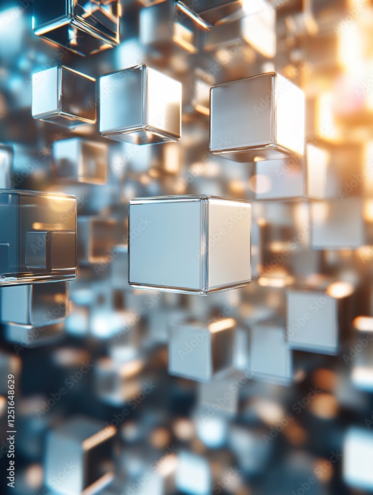 Poster abstract geometric composition of floating chrome cubes in a futuristic arrangement style