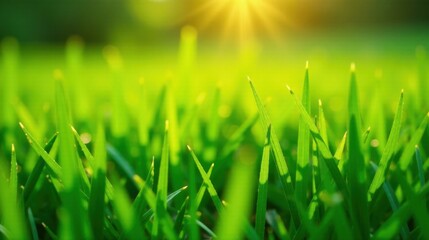 Fototapeta premium Vibrant Green Blades of Grass Illuminated by Golden Sunlight, a Close-Up View of Nature's Beauty