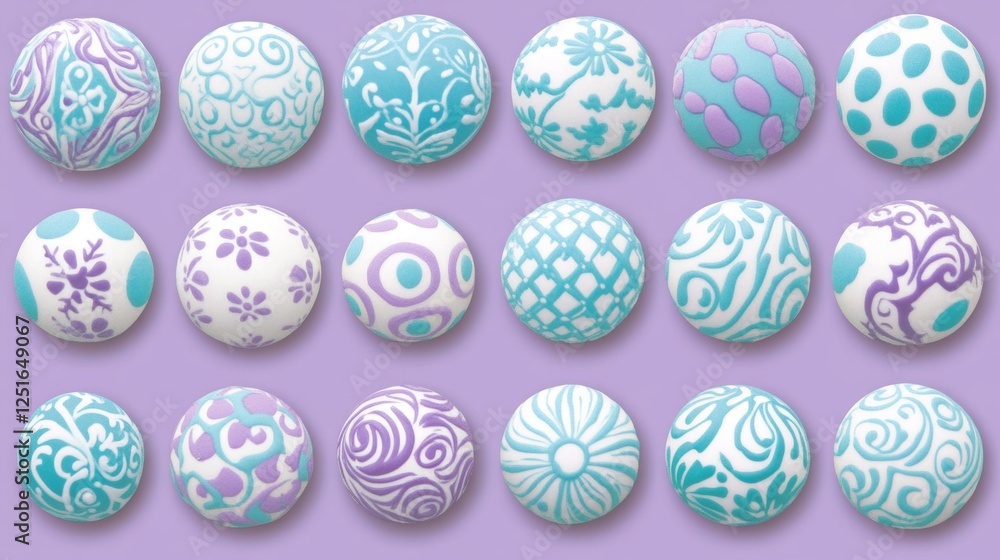 Poster decorated spheres with intricate patterns on light purple surface with uniform lighting and spacing.