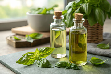 Fresh Basil Essential Oils On Dark Stone Kitchen Countertop Area