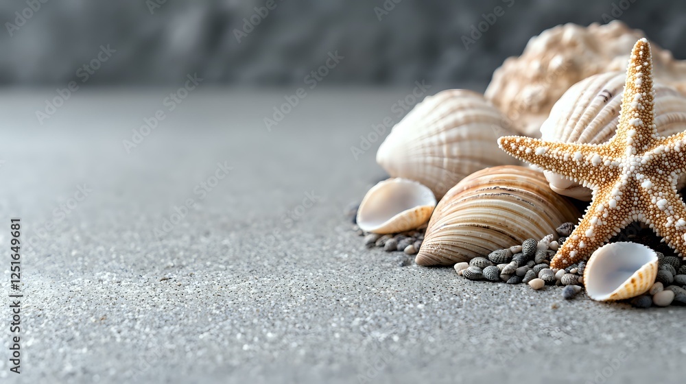Poster seashells and starfish arrangement on gray textured background with pebbles. natural beach elements 