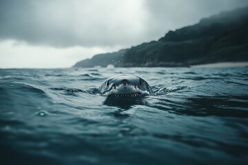 Shark's head emerging from dark ocean water near a coastline under a cloudy sky.