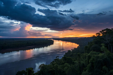Fototapeta premium Sunset Over River Through Forest Landscape Photography View With Cloudscape