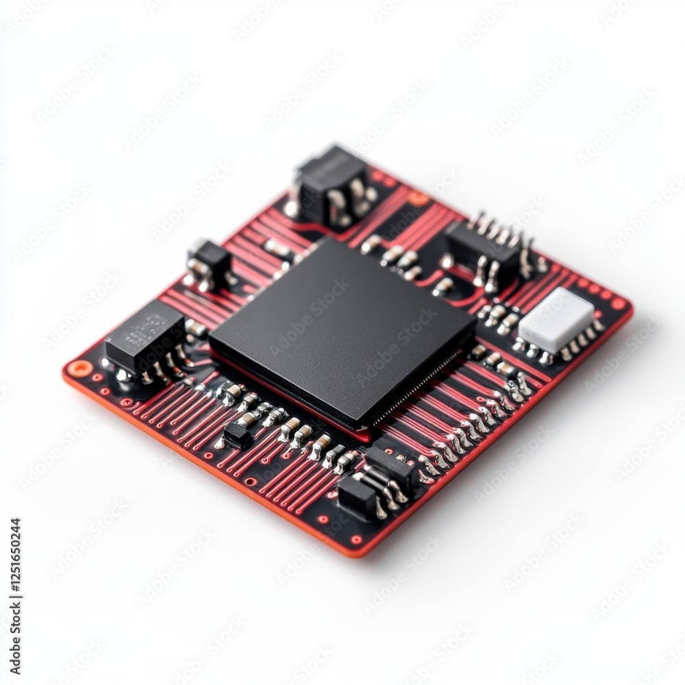 Poster close-up view of modern black microchip on red circuit board with electronic components and wires