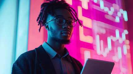 confident young professional holding a tablet in front of a vibrant digital screen with glowing financial charts and data analysis futuristic business technology and stock market trading concept