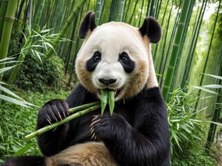Obraz premium A playful panda enjoys a meal amidst a lush bamboo forest
