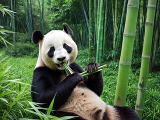 Obraz premium A playful giant panda enjoys a delicious bamboo snack amidst lush greenery