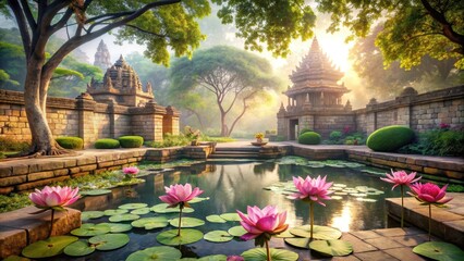 Serene garden with lotus flowers surrounded by high stone walls and ancient trees, symbolizing spiritual growth and inner peace in an Indian ashram setting, temple, water features