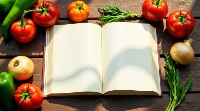 A blank cookbook rests open amongst vibrant, fresh vegetables bathed in sunlight, inviting culinary creativity and recipe inspiration.