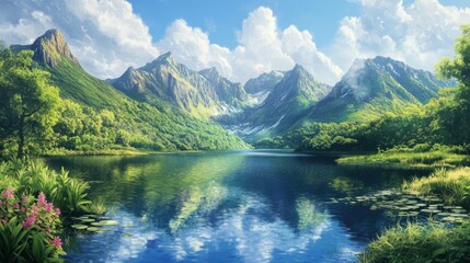 Vivid reflections ripple across a serene mountain lake surrounded by lush greenery and towering peaks, capturing the tranquility of a sunny summer day