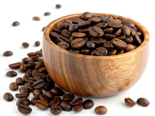 Fototapeta premium Scoop of coffee beans in a bag on white background. Coffee in scoop isolated. Top view of coffee
