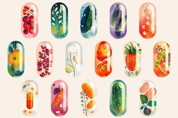 Capsules filled with plant material fruits and vegetables in a modern still life