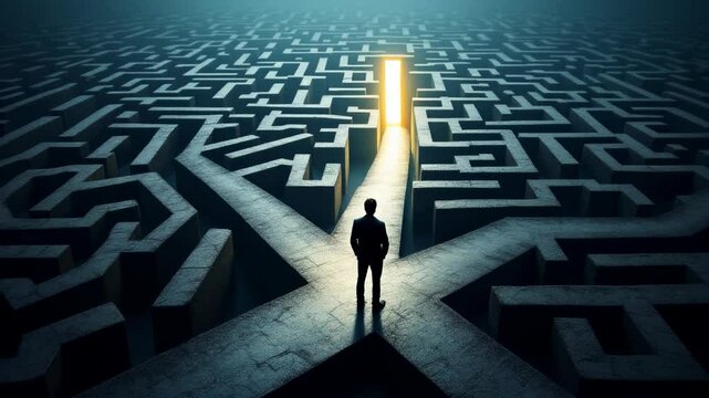 Silhouette of a Businessman at a Crossroads in a Complex Stone Maze with a Bright Exit