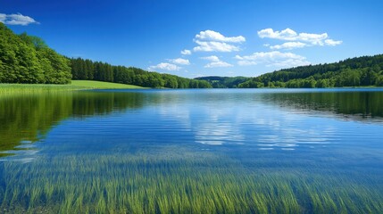 Fototapeta premium Calm lake, lush greenery, sunny sky, serene nature, eco tourism