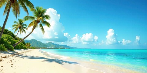 Obraz premium Serene tropical beach scene showcasing swaying palm trees, pristine white sand, and crystal-clear turquoise waters under a vibrant blue sky dotted with fluffy white clouds