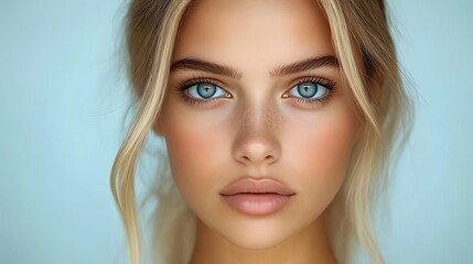 Close up portrait of a blonde woman with blue eyes