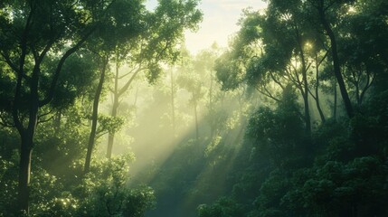 Obraz premium Morning light filters through the dense canopy of tall trees, casting warm rays during dawn that illuminate the vibrant green foliage below