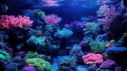 Fototapeta premium A stunning deep-sea landscape where glowing corals in shades of pink, blue, and purple form an intricate underwater paradise, home to diverse marine species