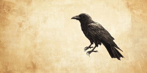 Detailed illustration shows a raven perched on a parchment background