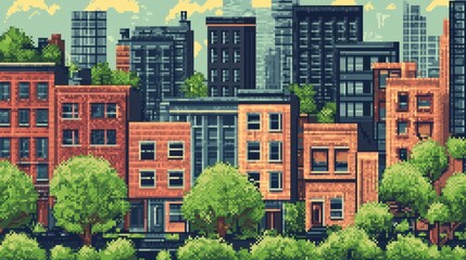 Pixel Cityscape Green Park, Skyscrapers, Sunny Day, Game Background
