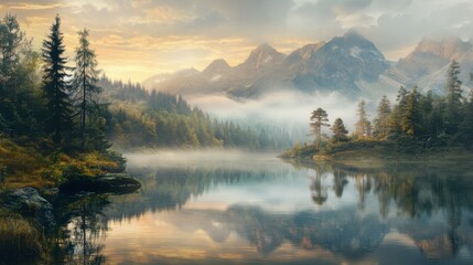 Fototapeta premium Dawn's light filters through mist, casting a tranquil glow on the lake, where reflections of trees and mountains merge with the still waters