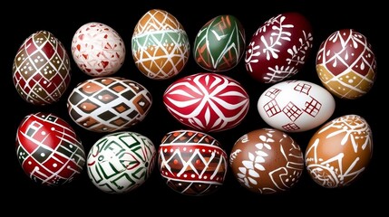 Obraz premium Decorative Easter Eggs With Geometric Patterns In Shades Of Red Brown White And Green.