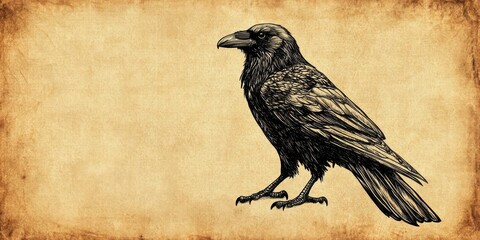 Fototapeta premium Detailed illustration of a raven on textured parchment background