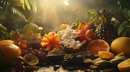 Abundant display of exotic tropical fruits with cottage cheese