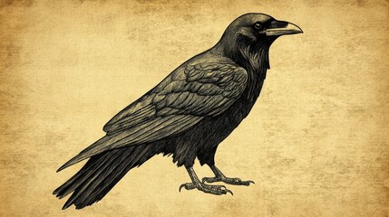 Detailed illustration showcases a raven perched against a textured background