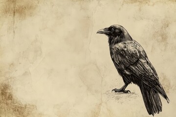 Detailed ink drawing of a raven on parchment paper