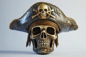 Fototapeta premium Detailed pirate skull with tricorn hat and crossed bones, symbolizing maritime legends, adventure, and mysterious sea tales, Generative AI