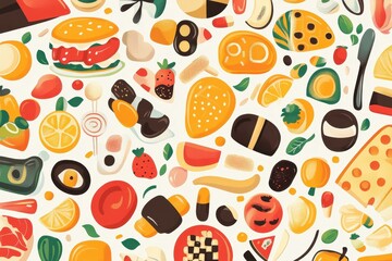 An assortment of colorful food items are scattered across background
