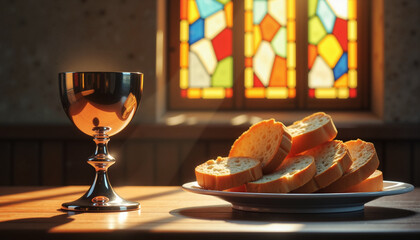 Obraz premium Chalice filled with wine next to a plate of Communion bread on rustic table with stained glass