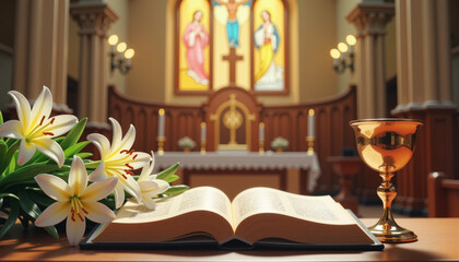 Open Bible on grand church altar with Easter lilies and chalice, evoking holiness and devotion