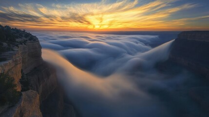 A stunning long-exposure shot capturing wisps of moving clouds weaving through a deep mountain canyon, as golden sunset hues illuminate the sky